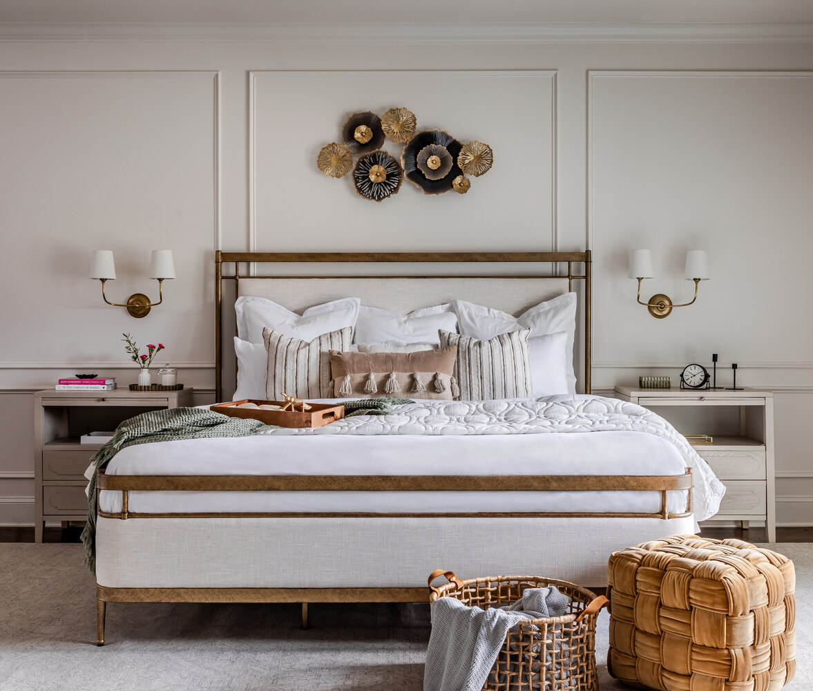 Serene primary bedroom with detailed millwork and modern design by Exodus Design Build in Grayson, GA.