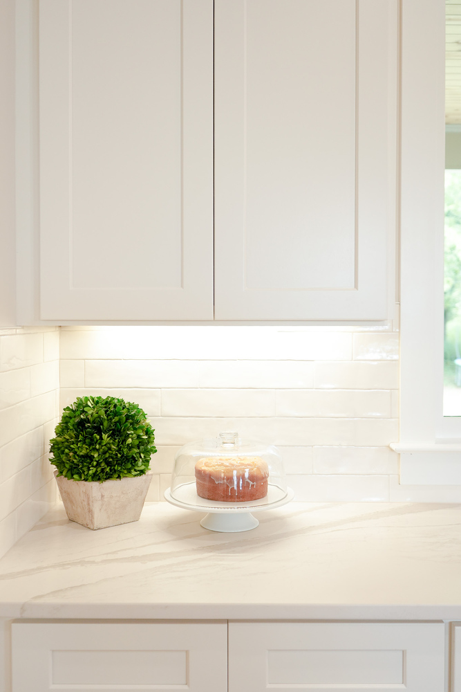 Corner countertop with decorative plant and cake under glass dome by Exodus Design Build in Suwanee, GA